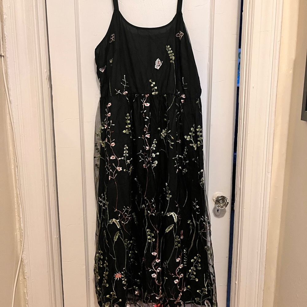 BloomChic Black Maxi Dress with Green and Pink Floral Embroidery